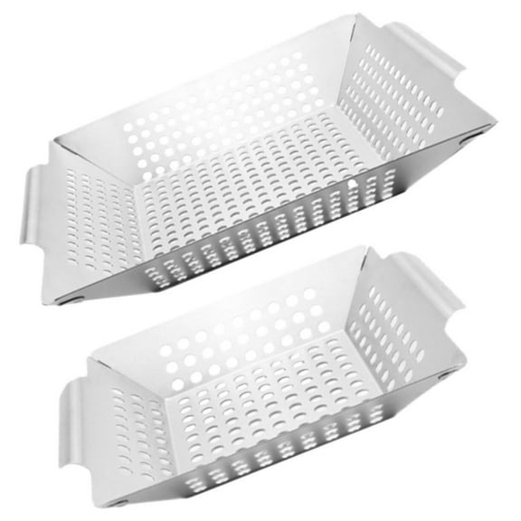 2pcs Bbq Grilling Basket Outdoor Food Grill Bbq Vegetable Basket Barbecue Grill Perforated Grill Pan Stainless Steel