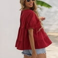 thumbnail image 2 of Corte holgado, mangas abullonadas, cuello redondo, ropa informal de uso diario para viajar, talla XL, blusa roja con espalda abierta y volantes, 2 of 8