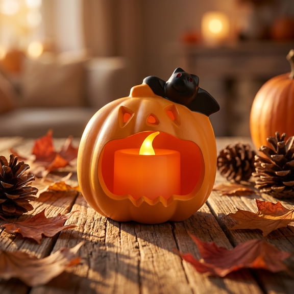 Spooky Ghost Pumpkin Halloween Flameless Candles, LED Candles Light, Halloween Flickering Tealight Candle for Home Table Indoor Night Party Decor, Long Lasting,1PCS