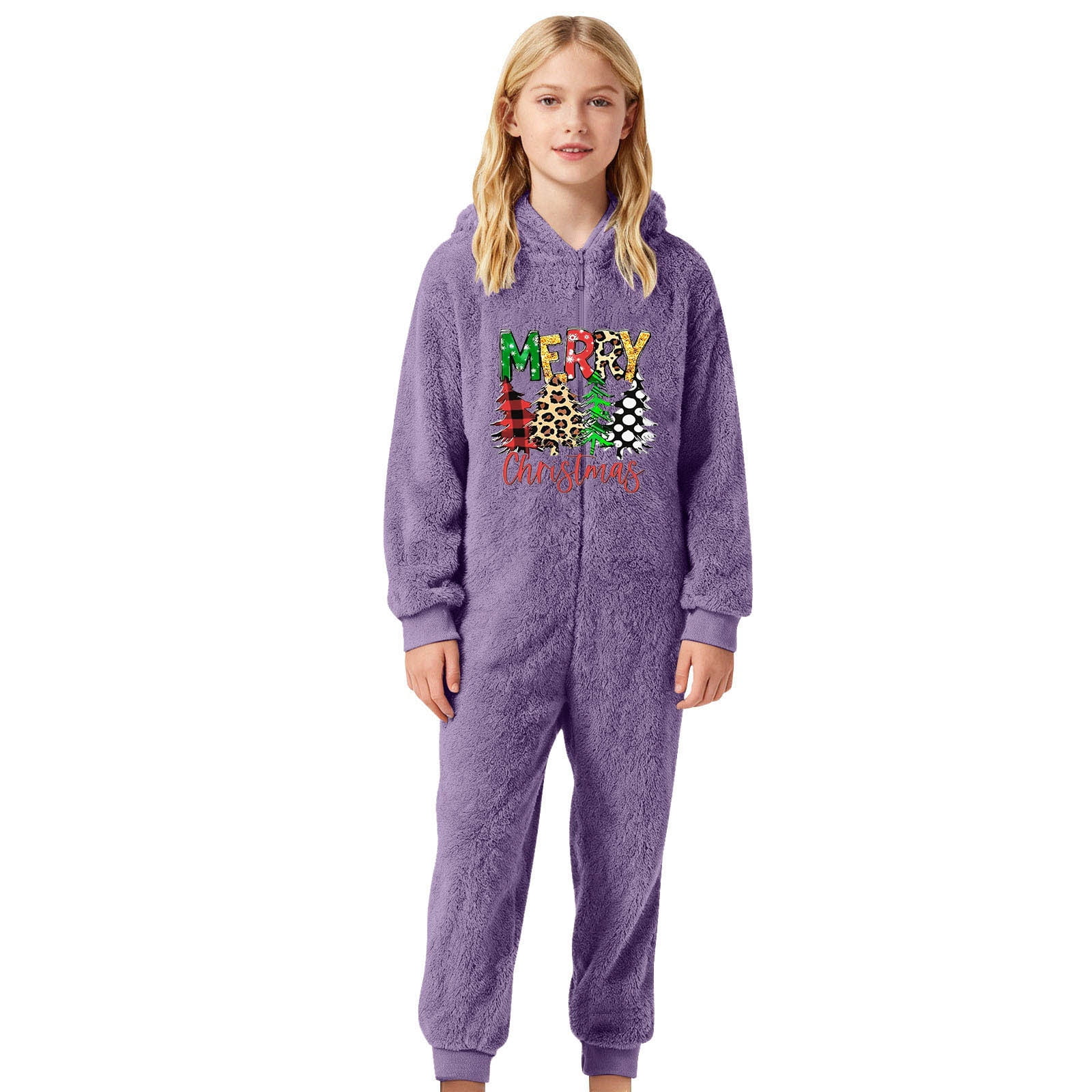 Gelikeya Boys Girls Christmas Onesies Pajamas Fuzzy Jumpsuit Kids Toddler Long Sleeve Jumpsuit Thermal Winter Outfits (Playwear & Purple & 11-12 Years)