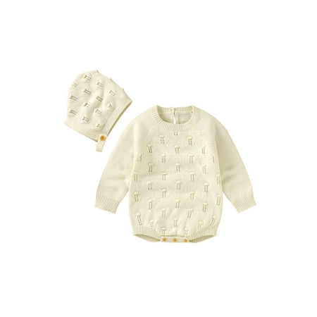 

Canrulo 2Pcs Newborn Baby Girls Boys Knit Romper Solid Long Sleeve Warm Jumpsuit Hat Autumn Winter Clothes Beige 12-18 Months