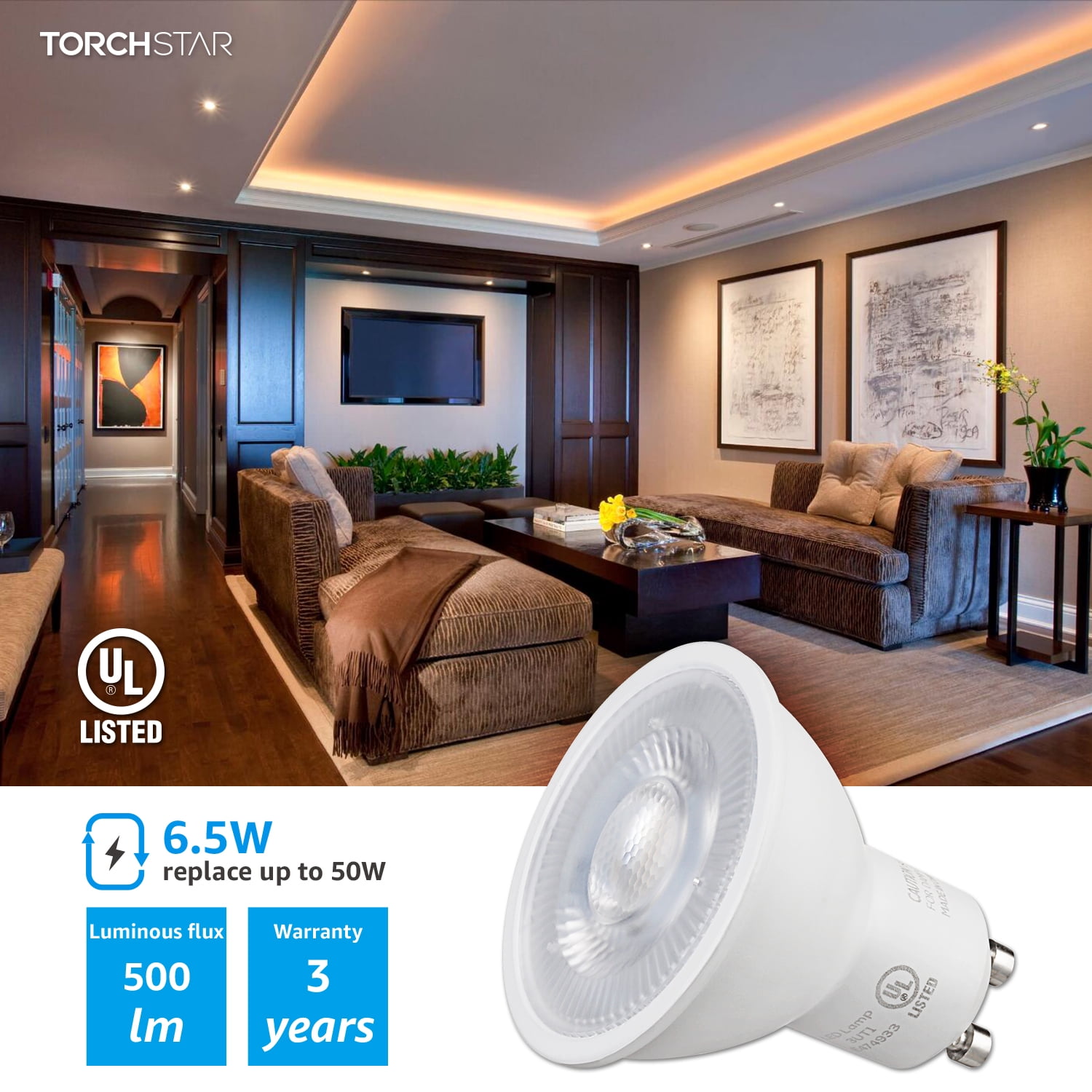 TorchStar Dimmable LED MR16 GU10 Base Light Bulb, 6.5W (50W Equivalent), 500lm, 3000K Warm White, Pack of 6