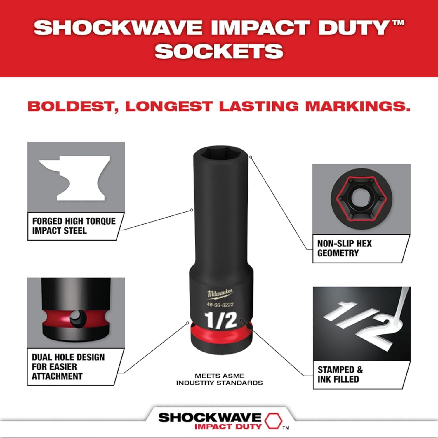 Milwaukee Tool SHOCKWAVE Impact Duty 1/2"Drive 3/8" Deep 6 Point Socket