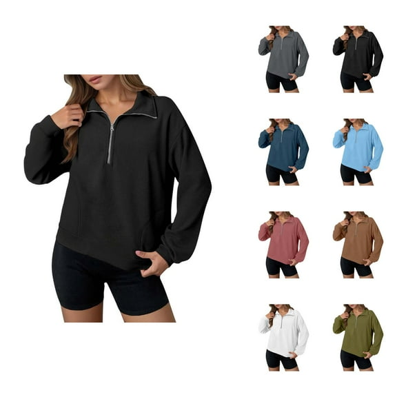 Fall Sweatshirts for Women 2025 Long Sleeve Quarter Zipper Collared Loose Plain Sweatshirt Pullover Tops