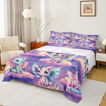 Homewish Kawaii Animal Dragon Twin Sheet Sets 3pcs for Kids Boys Girls,Cartoon Cute Twin Fitted Sheet Microfiber,Starry Sky Breathable Flat Sheet,Microfiber Bedroom Decor