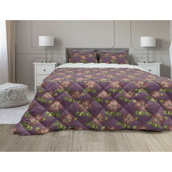 Flowers Comforter & Sham Bedding Set, Botanical Theme Realistic Flowers Image Pink Peonies and Green Leaves Pattern, 3 pcs Duvet Set Microfiber Filling Quilt, 5 Sizes, Multicolor, by Ambesonne