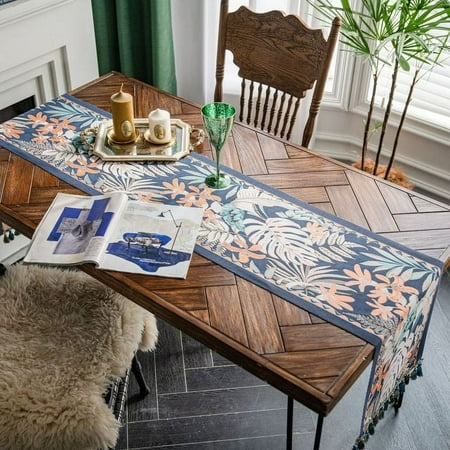 

Macrame Table Runner with Tassel Pendant Retro Flowers Rectangular Thick Tablecloth Bar Home Dining Table Decor
