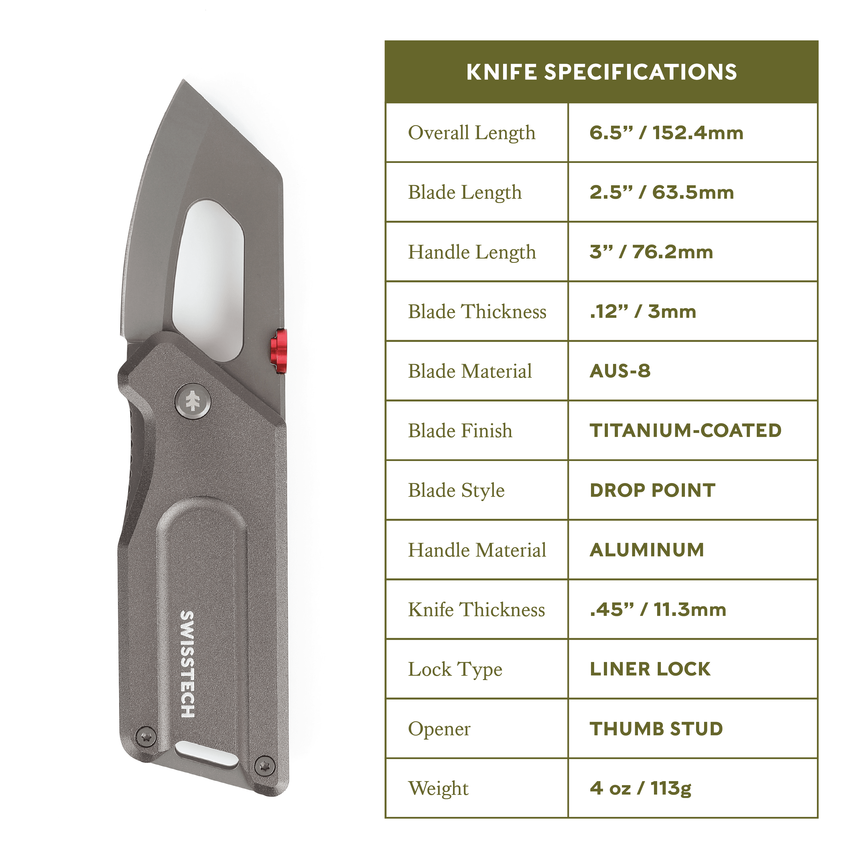 Swiss Tech 5.5" Ball Bearing Assisted Folding Pocket Knife, AUS-8 Steel 2.5" Blade, 3" Aluminum Handle with Money Clip, Gray