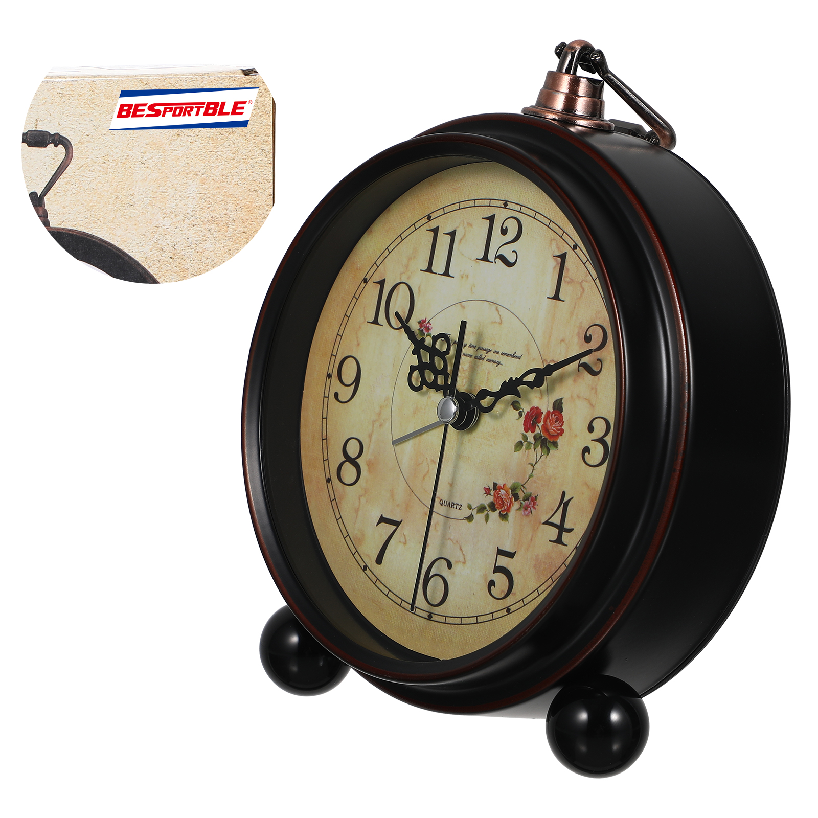 BESPORTBLE Vintage Desk Clock - Retro Tabletop Alarm Clock With Quartz Movement (Brown, 13" X 6.5")