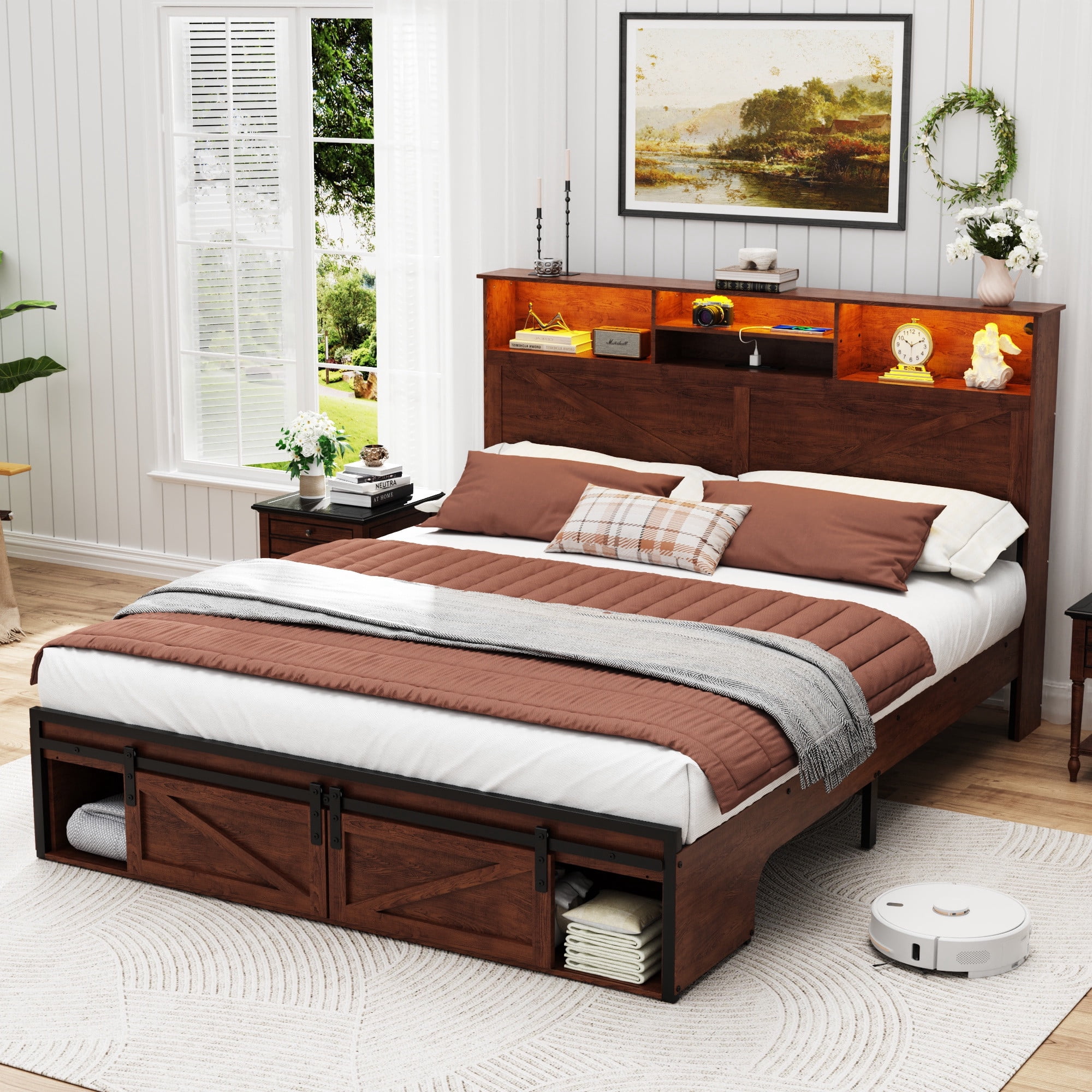 Wood Full Bed Frame with Headboard & Storage Shelf, Holaki Farmhouse Full Size Platform Bed Frame with Charging Station & LED Lights, No Box Spring Needed, Easy Assembly, Dark Brown