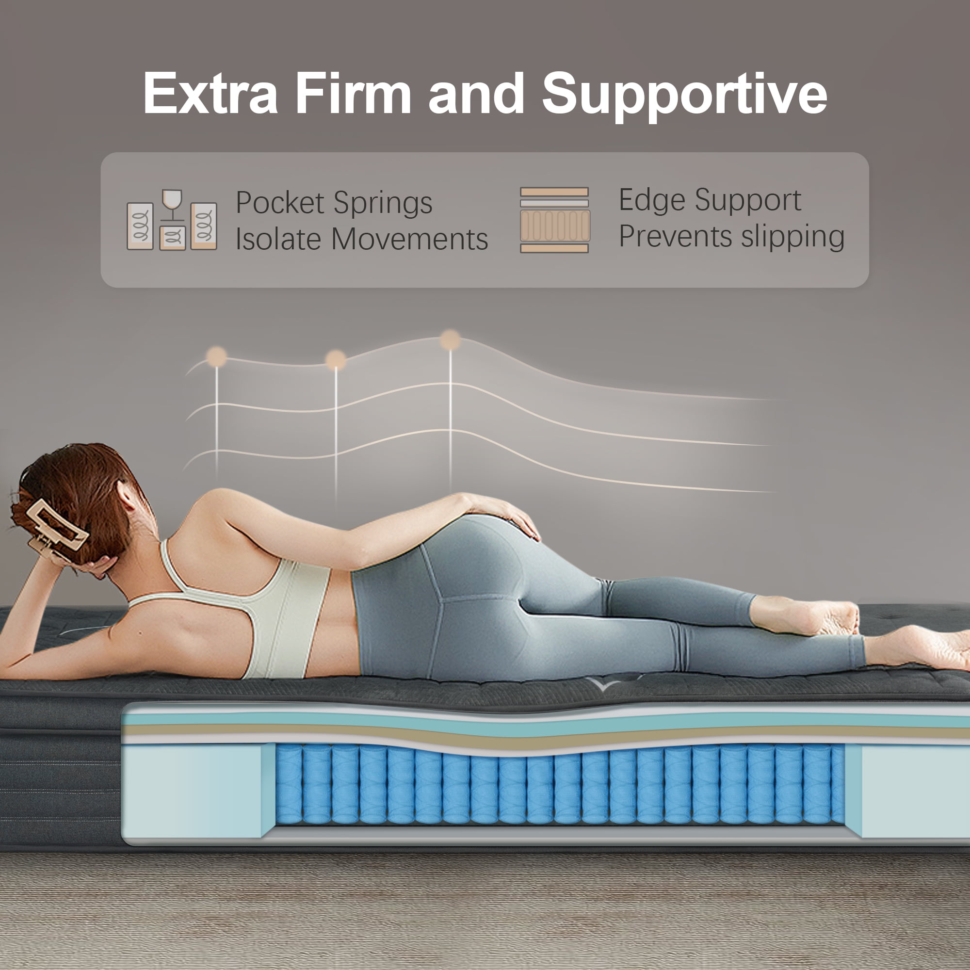 Slecofom Extra Firm Twin Mattress , 14 Inch Twin Size Mattress, Memory Foam Hybrid with Extra Lumbar Support, Back Pain Relief&Cool Sleep, Firm Foam Encased Edge,Motion Isolation,Fiberglass-Free