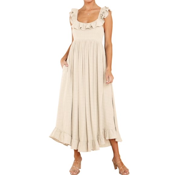 Vestido R.Vivimos de verano sin mangas, bohemio, con volantes y espalda, beige