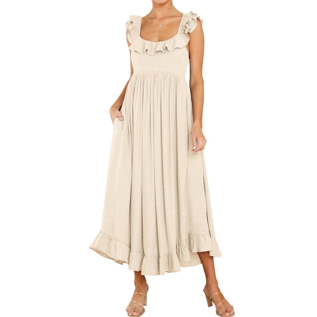 Vestido R.Vivimos de verano sin mangas, bohemio, con volantes y espalda, beige