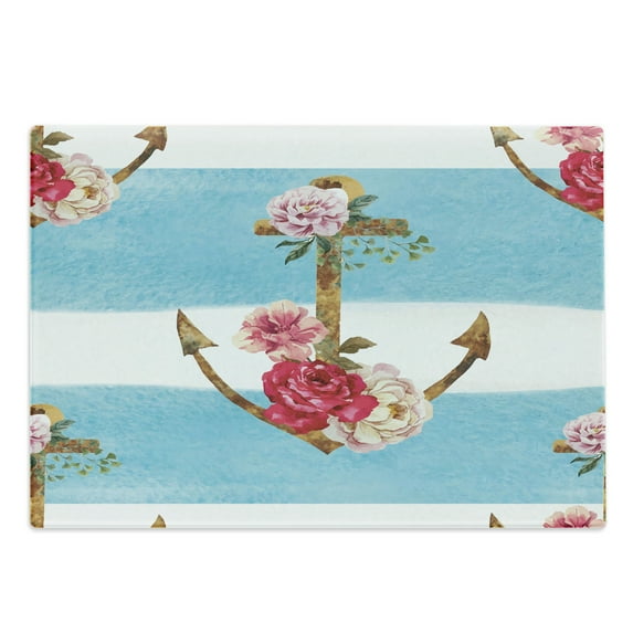 Shabby Flora Cutting Board, Anchors with Romantic Peonies Roses Watercolor Art Bold Stripes Nautical, Decorative Tempered Glass Cutting and Serving Board, Large Size, Multicolor, by Ambesonne
