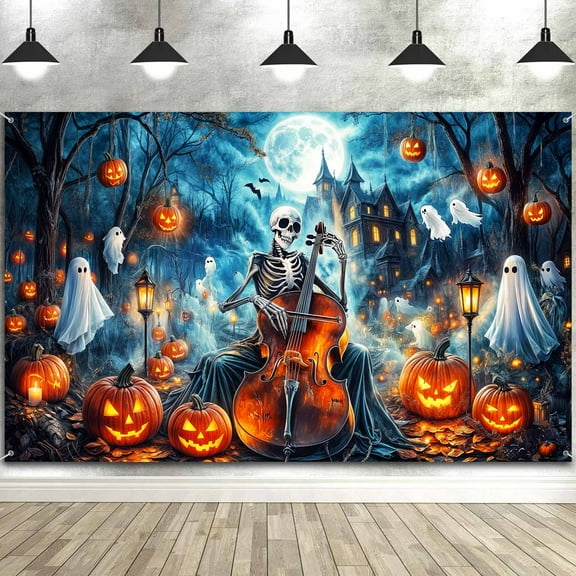 5 x 3 ft Halloween Backdrop Castle Skull Graveyard Pumpkin Moon Night Background Horror Ghost Party Kids Halloween Party Decorations Photo Booth Banner