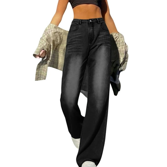 Wide Leg Jeans for Women Casual High Waisted Strechy Straight Leg Loose Tummy Control Denim Pants with PocketBlack XL