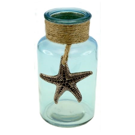 Art Deco Bottle - Turquoise Jute Wrapped Bottle With Pewter Starfish Icon 4.75 Inches