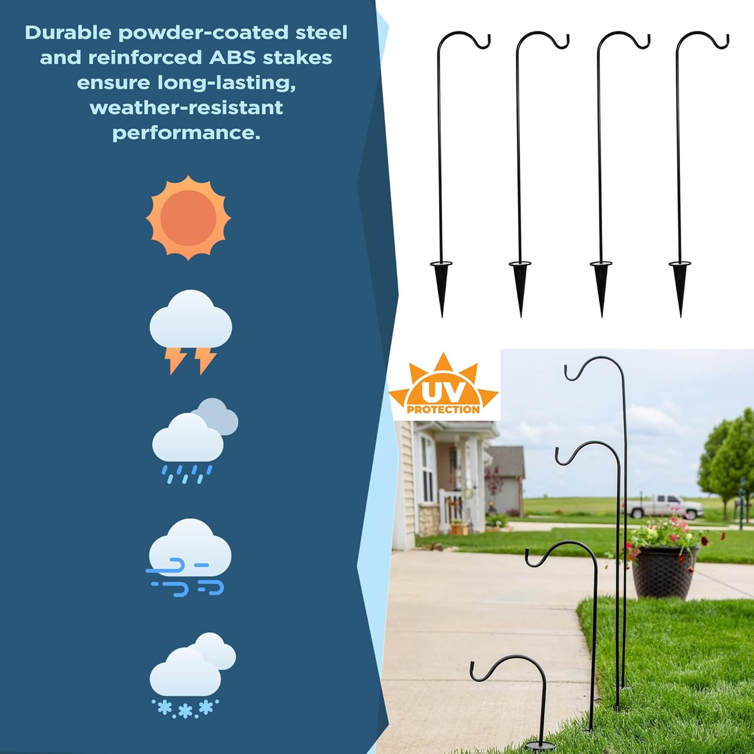 Shepherds Hooks for Outdoor - Set of 4 Adjustable Garden Poles for Bird Feeders, Solar Lanterns, Wind Chimes, Hanging Plants - Shepards Hook Ground Stakes For Perfect Outdoor Landscape Decorations