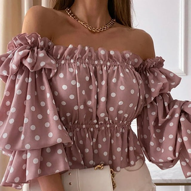 CEHVOM Ladies Summer Fashion One-Shoulder Three-Quarter Sleeve Print Chiffon Top