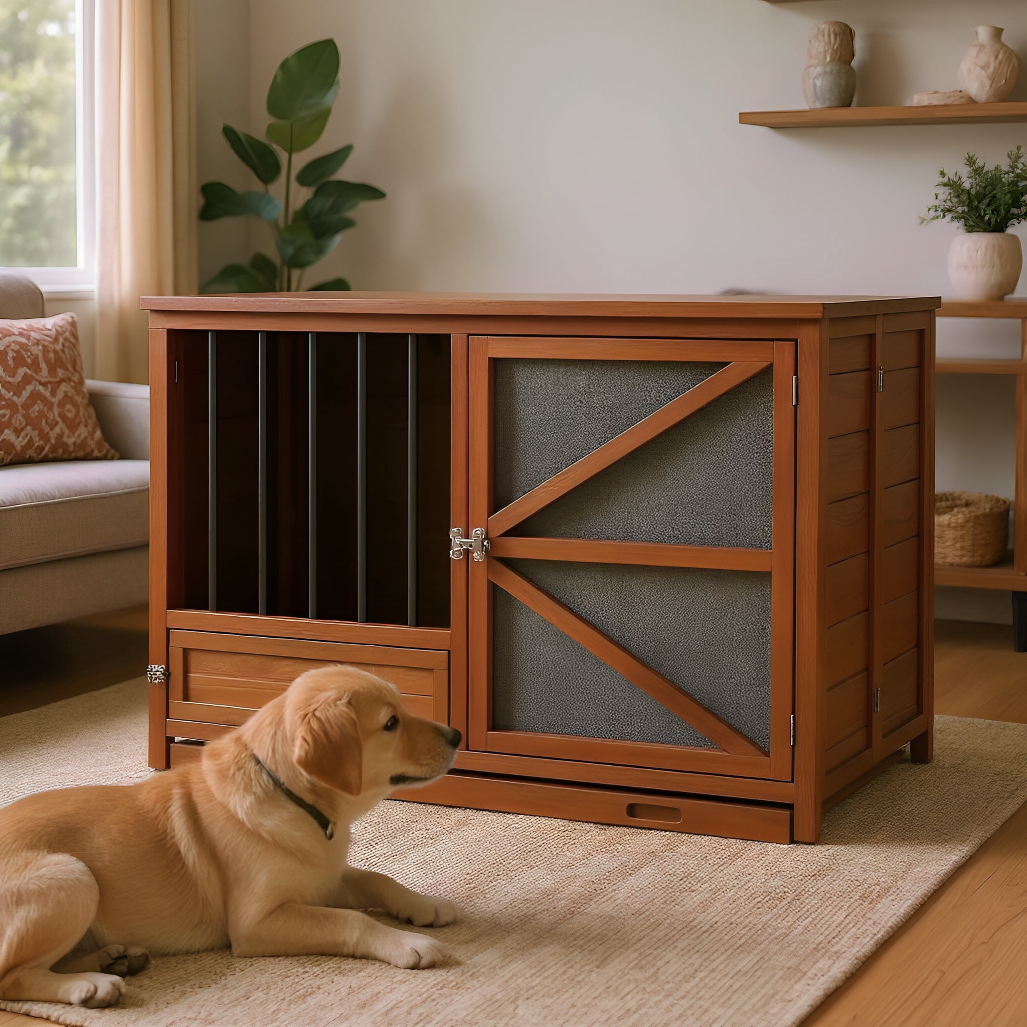 Euroco 43" Solid Wood Dog Crate Furniture, Foldable Indoor Kennel with 360° Rotating Feeder Multi-Functional End Table for Small & Medium Dogs, Portable Pet Cage with Removable Tray & Easy Assembly