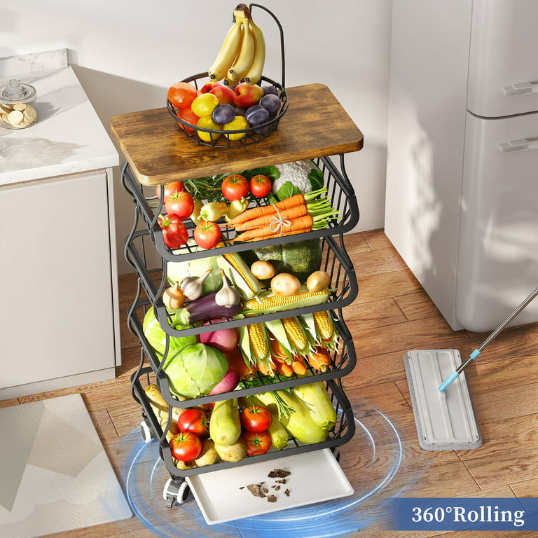 SAYZH Fruit Basket for Kitchen, 5 Tier Large Pull-Out Wire Basket with Wood  Top and Wheels, Kitchen Storage Cart for Fruit Vegetable Onions Potatoes