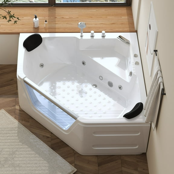 59'' x 59'' Corner Whirlpool Tub- Plastic Acrylic Bathtub with Light,Home Spa Hydromassage with Chromatherapy,Hydro Massage for 2 Person White, ETL Certified