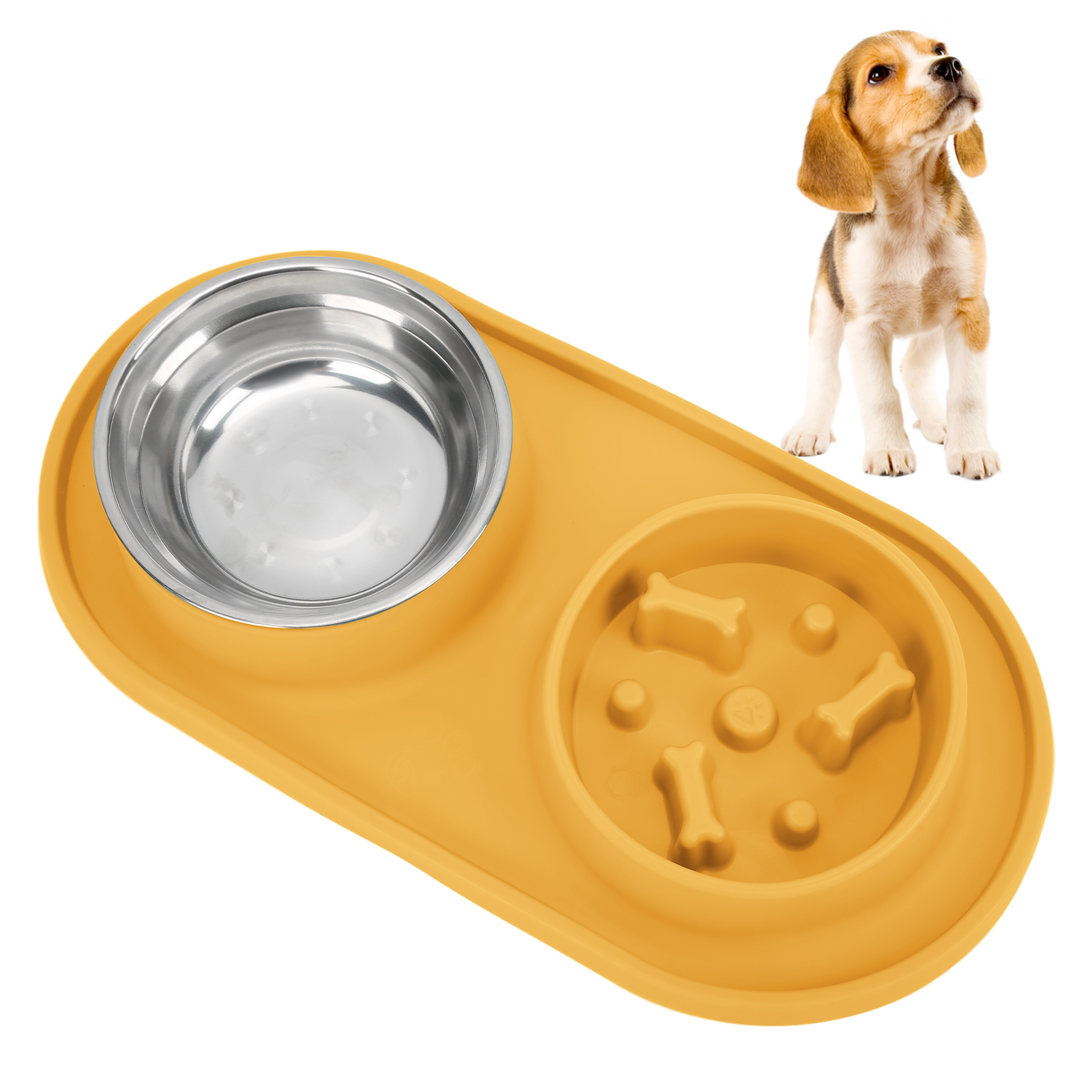 BOKYAN Silicone Slow Feeder Dog Bowl Set Double Pet Bowls with Stainless Steel Water Bowl Anti-Skid Removable Tray for Dogs and Cats Yellow