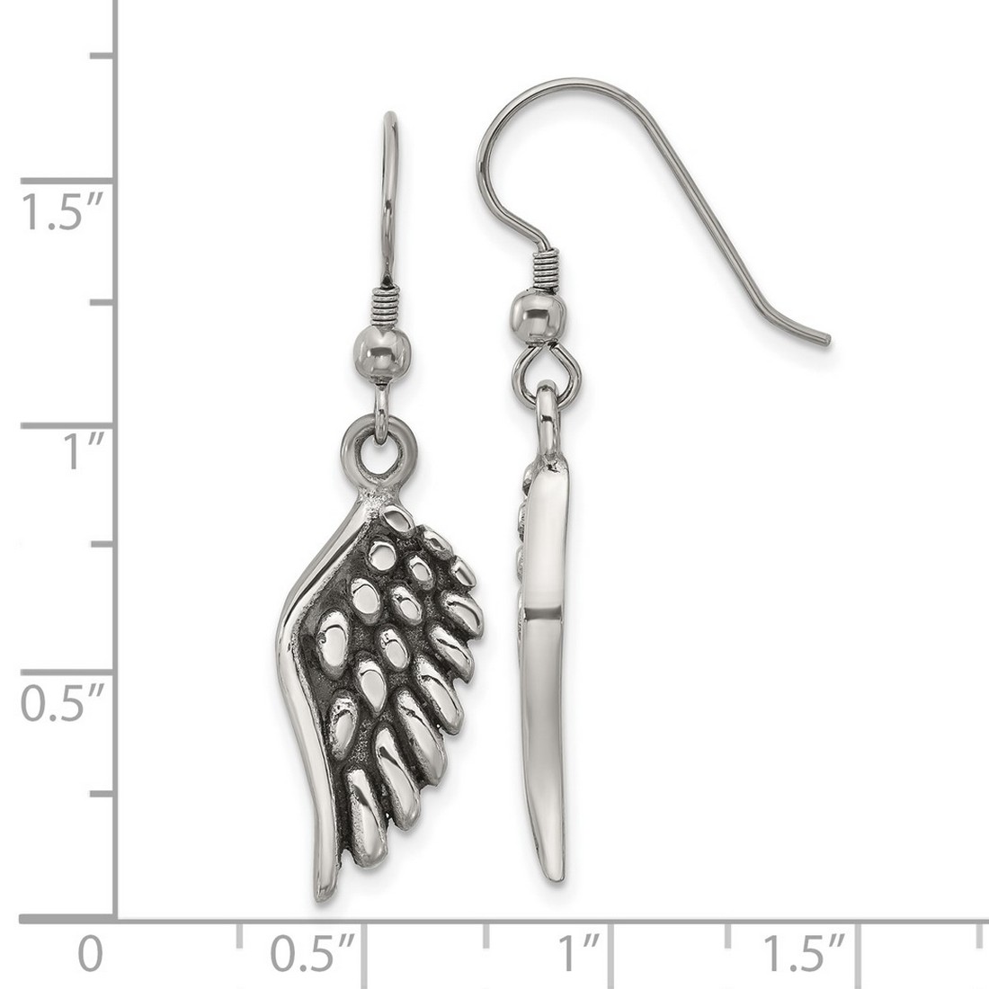 Stainless Steel Oxidized and Polished Religious Guardian Angel Wing Shepherd Hook Earrings 40x11mm Wide Stud Earring for