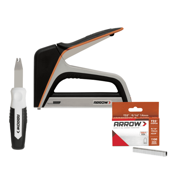 Arrow T25XKIT Round Crown Wire & Cable Staple Gun Kit with Staple Puller and 1100 T25 Round Crown Staples