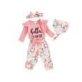 thumbnail image 2 of Bagilaanoe 4pcs Newborn Baby Girl Pants Set Long Sleeve Romper Tops + Flower Trousers + Headband + Hat 3M 6M Infant Casual Clothes, 2 of 9