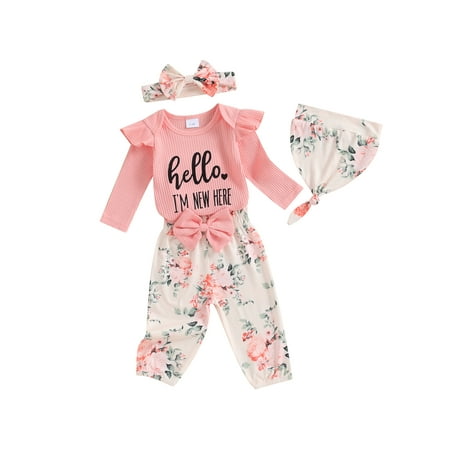

Girl Long Sleeve Romper with Flower Pants and Hat Bow Headband