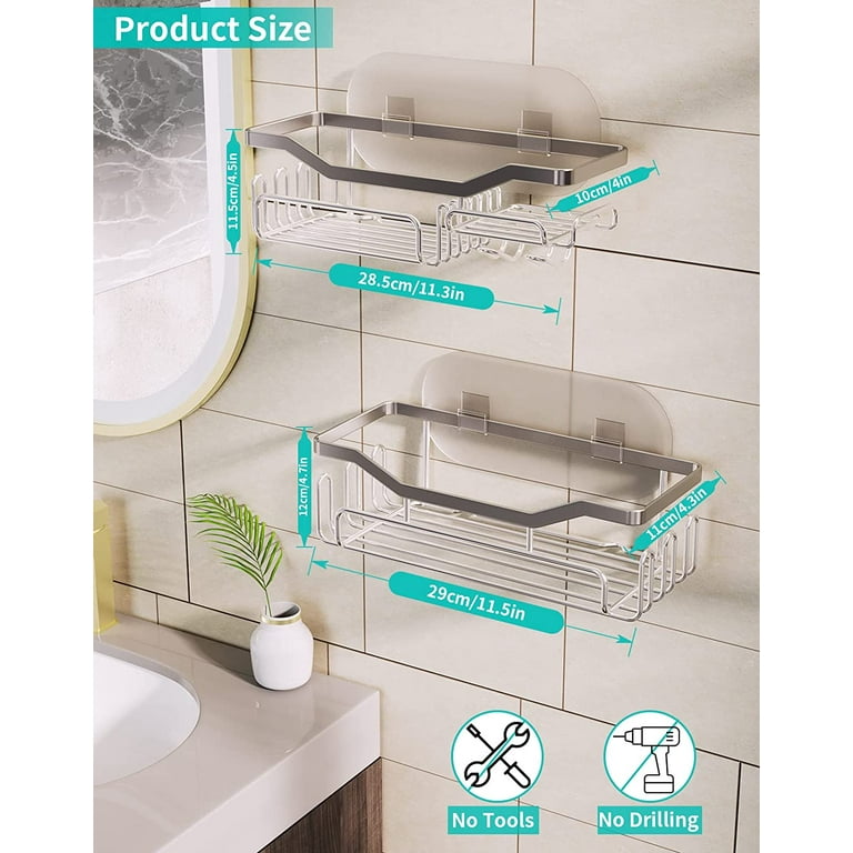 KESOL Shower Caddy Soap Dish with Hooks 3-in-1 Bathroom Shelf for Hanging Sponge and Razor,2 Pack Shampoo Holder Organizer,No Drilling Adhesive Wall