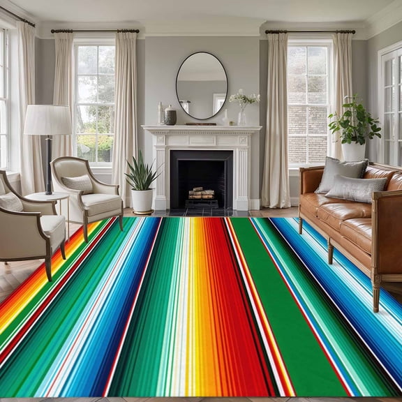 Large Area Rugs for Living Room Bedroom, Mexican Stripes 6'x9' Rug Washable Carpet Runner Indoor Outdoor, Colorful Striped Mexican Fiesta Theme Non Slip Floor Mats Rug for Kitchen, Playroom