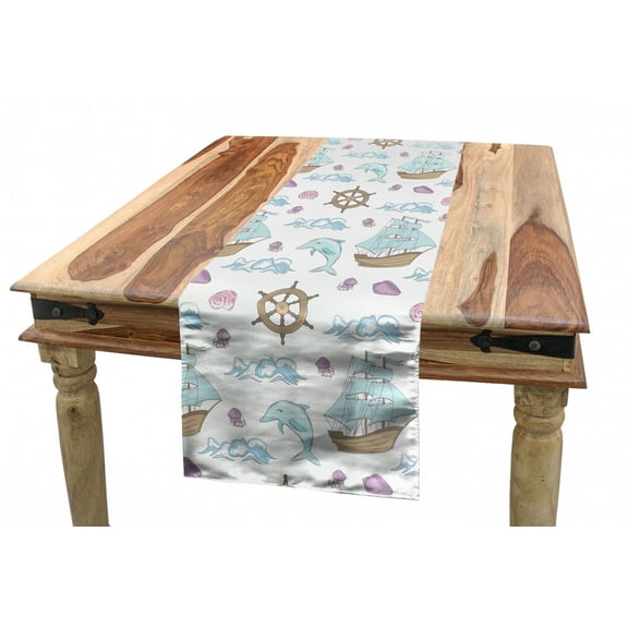 Nautical Table Runner, Pastel Sea Cruising Waves Dolphins Steering Wheel Sailing Boat Jellyfish, Dining Room Kitchen Rectangular Runner, 3 Sizes, by Ambesonne