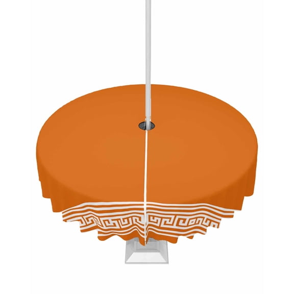 Hokiten Outdoor Tablecloths with Umbrella Hole & Zipper, Burnt Orange Geometric Round Tablecloth 54 Inch, Country Greece Key Art Waterproof Table Cloth, Patio/Pool/Picnic Table Covers
