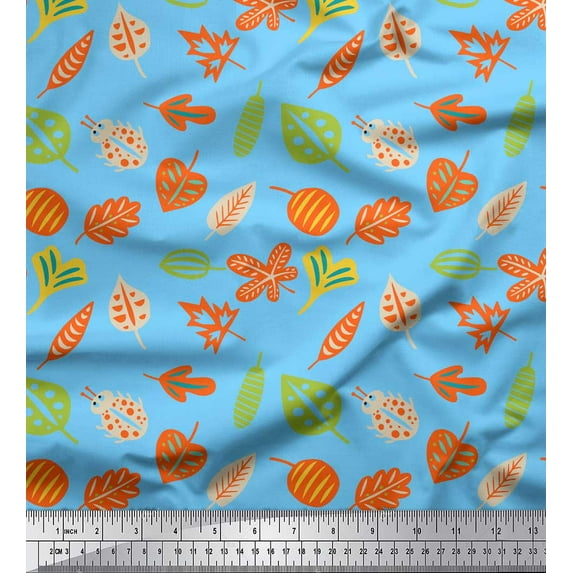 Soimoi Blue Poly Georgette Fabric Insect,Berries & Leaves Clip Art Print Fabric by The Yards 52 Inch Wide