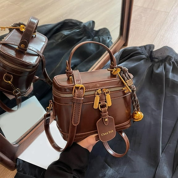 SPEKSEE Women Retro PU Leather Bucket Bag Zipper Closure Small Crossbody Handbags with Pendant Shoulder Tote Handbag Casual Shopper