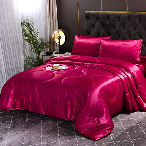 Sisher 5Pcs Silk Comforter Set Queen Bedding Set Red Satin Silky Soft Bed in A Bag Luxury Quilt Comforter&Sheets (1 Comforter, 2 Pillowcases, 1 Flat Sheet, 1 Fitted Sheet)
