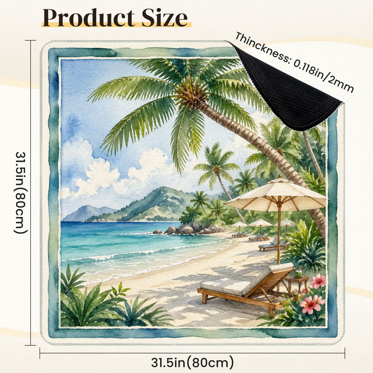 Mahjong Mat 31.5" x 31.5" Tropical Beach Palm Trees Lounge Chairs Ocean Non-Slip Noise Reduction Mahjong Tiles Table Cover for Dominoes Poker Card Board and Tile Games