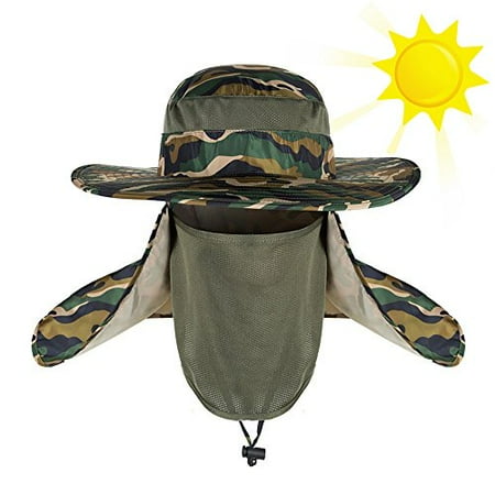 Garden Camouflage Novo Summer Outdoor Sun Protection Fishing Cap Neck Face Flap Hat Wide Brim Shade Hiking Hunting Boating Fishing Garden Man Women Camouflage ()