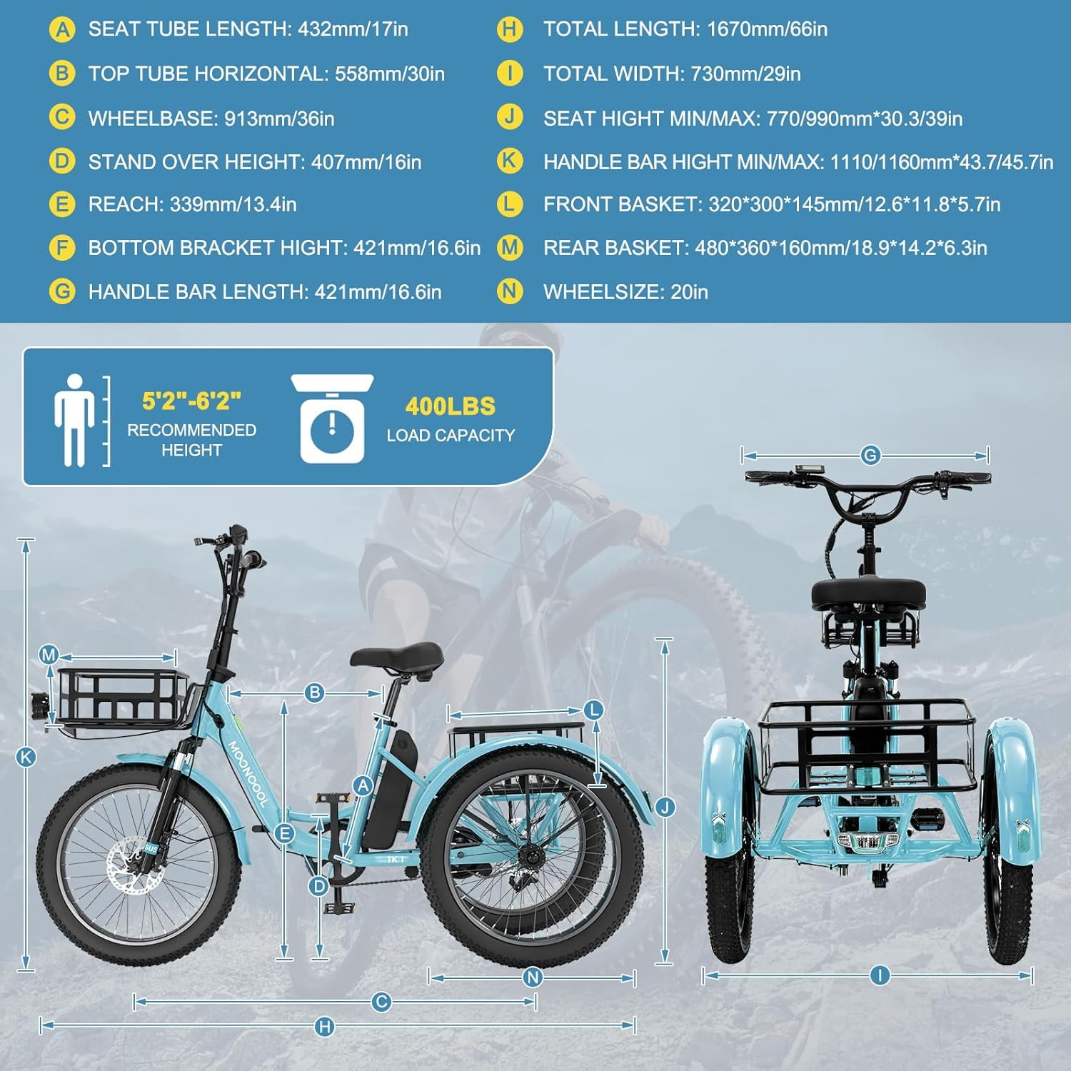 Lilypelle  Folding Electric Tricycle for Adults, Peak 1000W Motor 48V Foldable Ebike Electric Trike, 20" Fat Tire 3 Wheel Electric Bicycle with Front & Rear Baskets & Pet Carrier