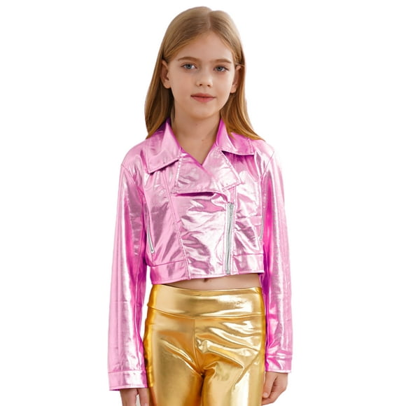 Loodgao Girls Boys Metallic Biker Jacket Kids Faux Leather Lapel Crop Coat Outwear for Motorcycle Hip-Hop Jazz Dance Pink 14