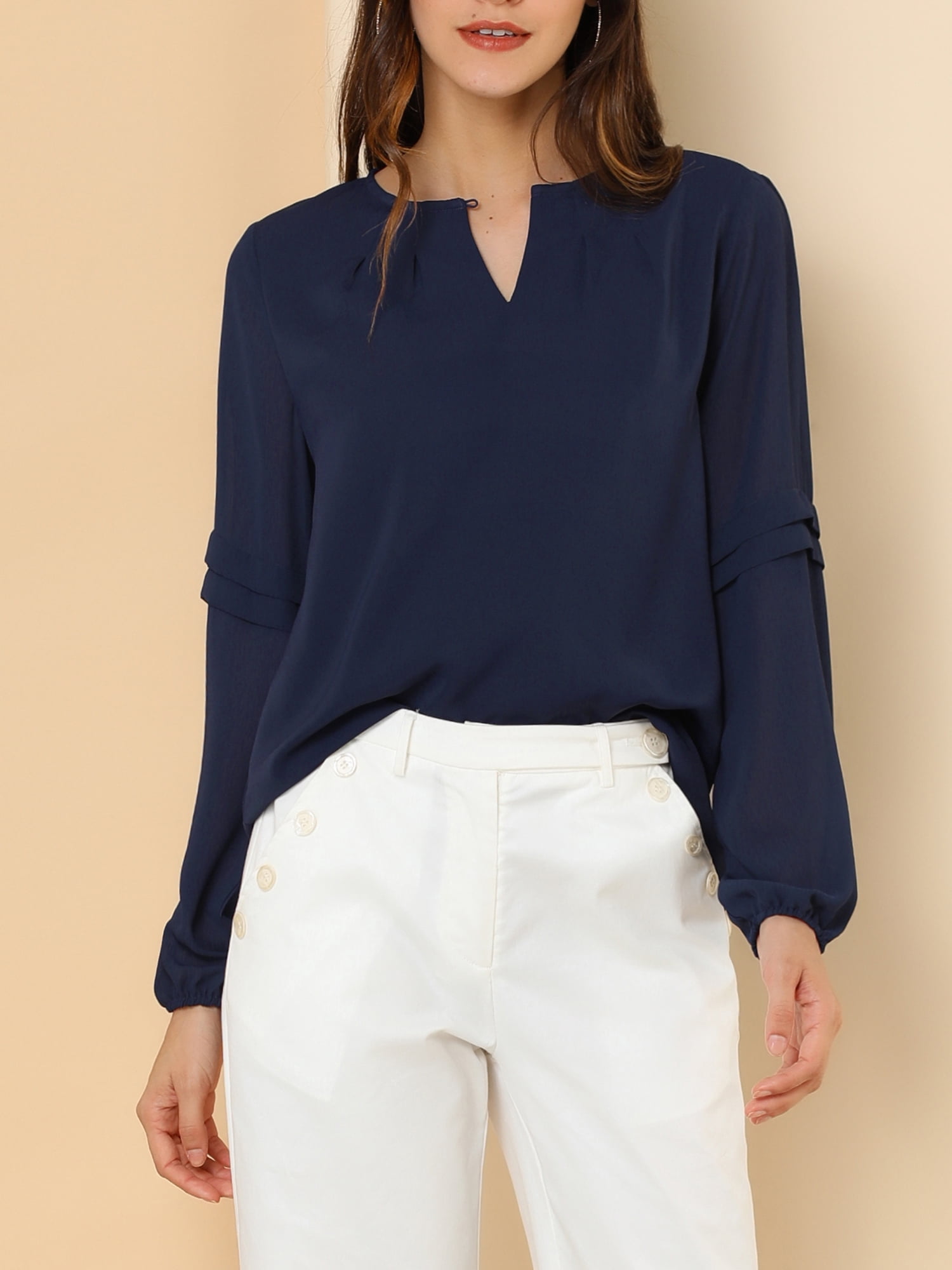 DARING DIVA Chiffon Semi Sheer Long Sleeves Keyhole Neck Blouse XL Dark Blue