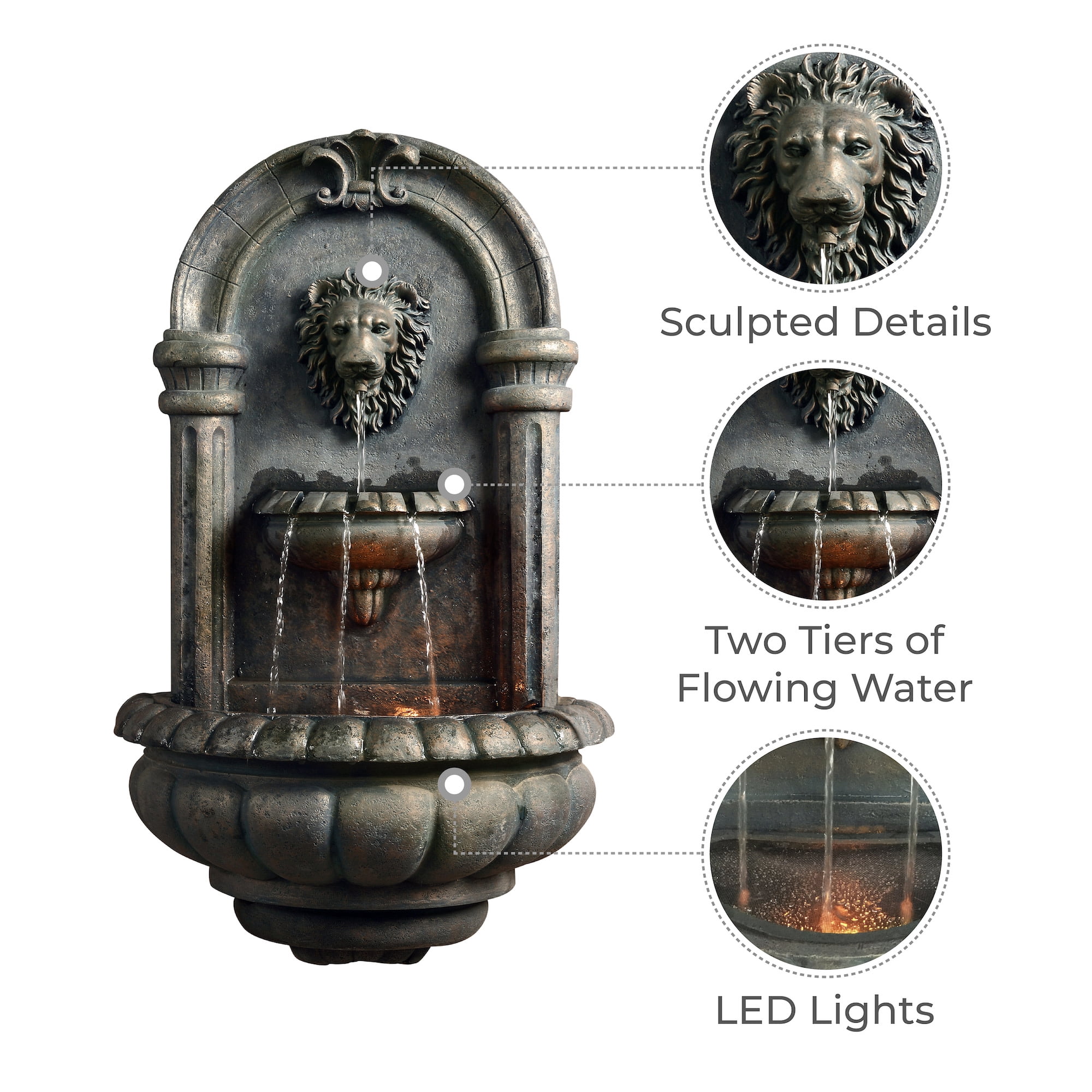 Teamson Home Tiered Lion Outdoor Water Fountain–LED Light with Built-In Electric Pump & Simple Setup, Antique Bronze