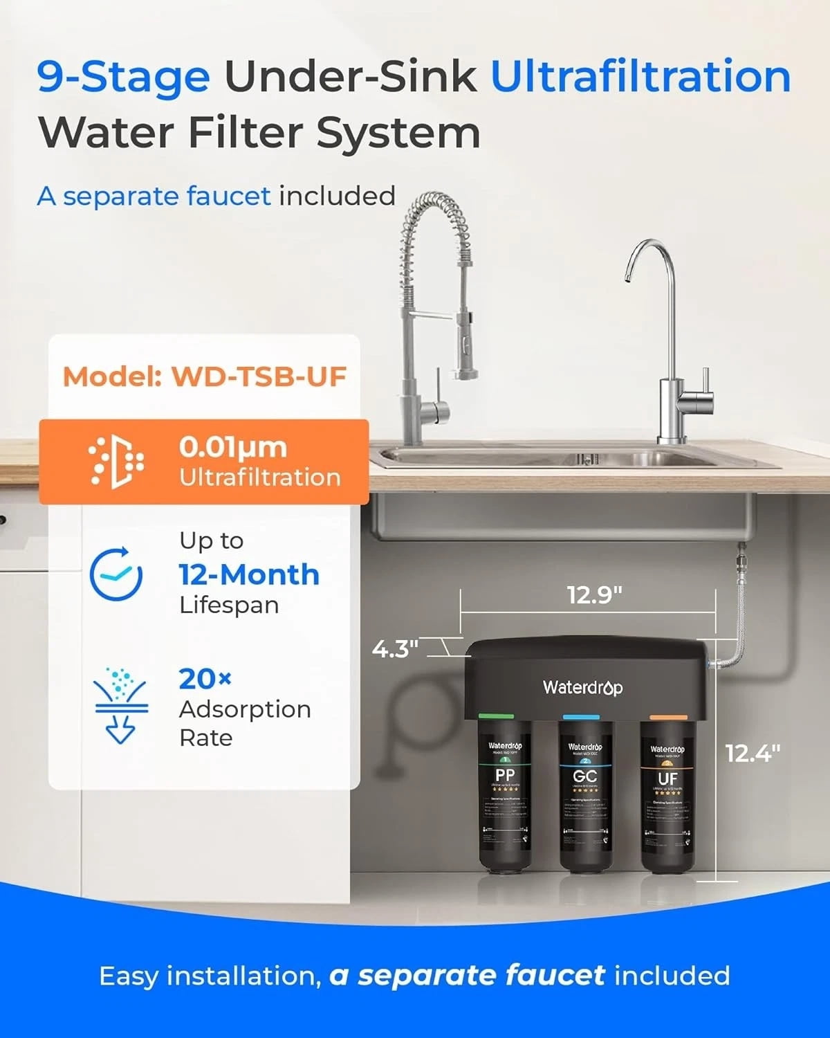 Restored Waterdrop TSB-UF Ultra Filtration Under Sink Water Filter System, 9 Layer (Refurbished)