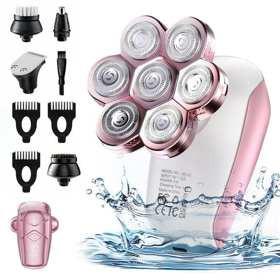Skdwakiz Electric Razor for Women Legs, 5-in-1 7D Rechargeable Cordless Body Head Shaver, IPX6 Waterproof Wet/Dry Bikini Trimmer Hair Epilator, Trimmer for Lady Face Underarms Pubic, Pink