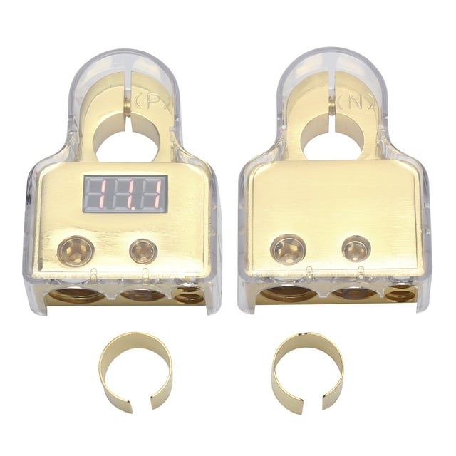 Car Battery Terminal Connectors Kit with Digital Voltmeter Display, 0/4/8 AWG Positive Negative Battery Post Clamp and Shims for Auto Marine Motorhome