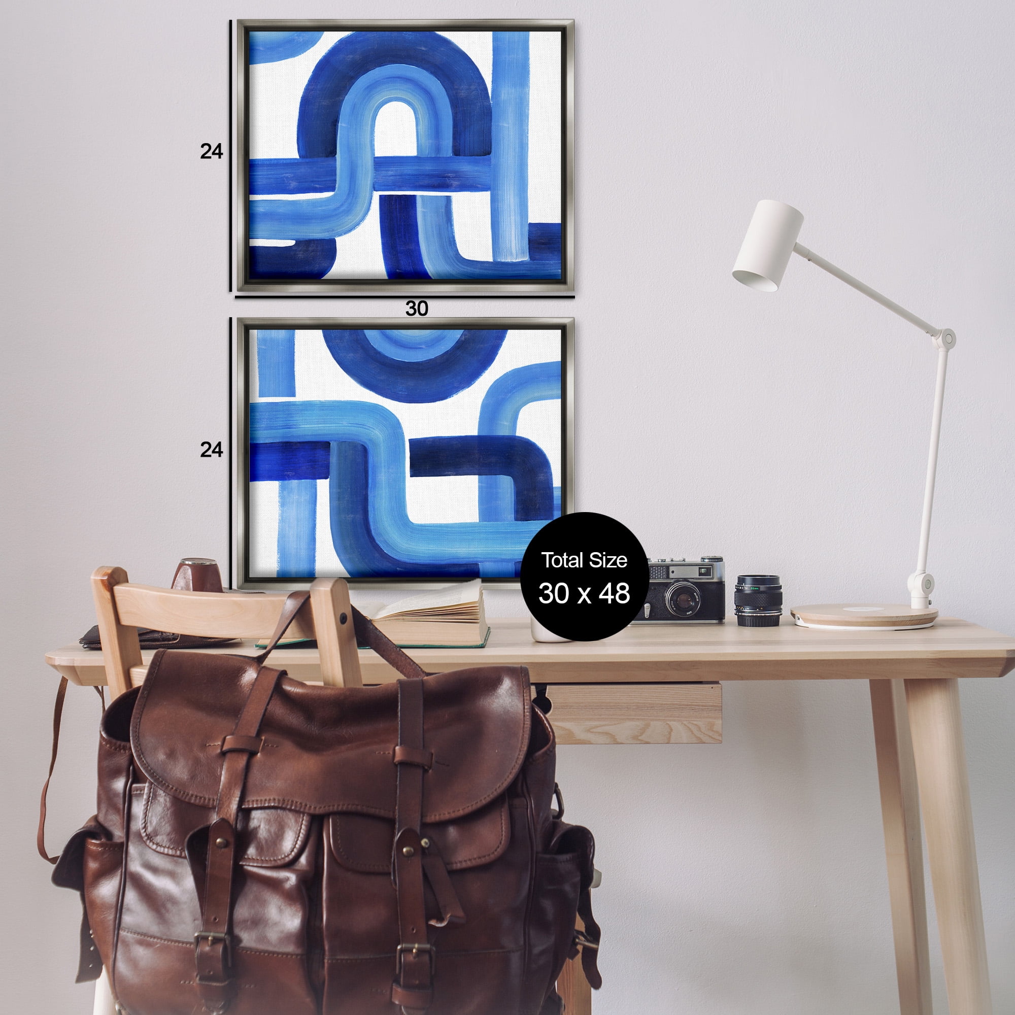 Stupell Industries Woven Blue Geometric Lines Abstract Painting Gray Floater Framed Canvas Art Print Wall Art, 31 x 25, Set of 2