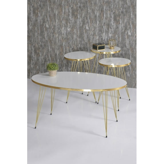 White Oval Coffee Table Set with 4 PCS,Set With 3 Modern Round Nesting Tables And Coffee Table with Gold 3-Rod Metal Legs,Stacking Side Tables With Gold Side Details,Set of 4 Accent Table,End Tables
