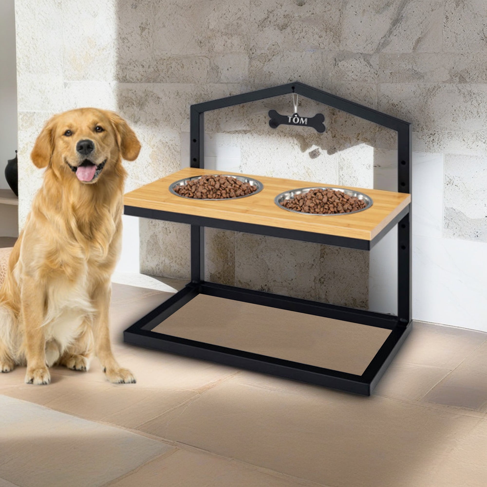 Kadyn 9"-17" Elevated Pet Feeder with 2 Stainless Steel Dog Bowls for Feeding Small Medium Dogs Cats Puppies, Beige